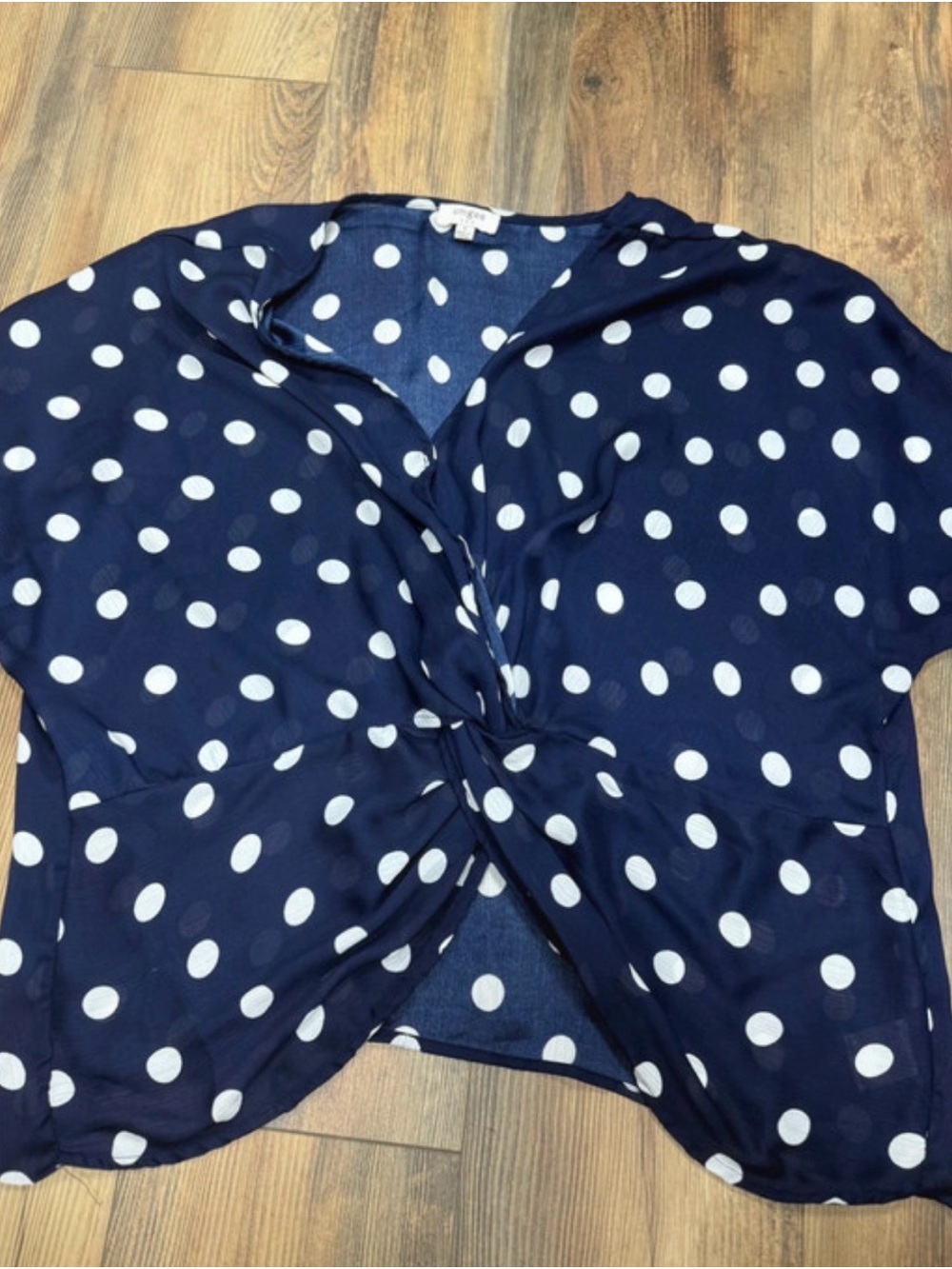 Umgee Navy and White Polka Dot Twist-Front Blouse
